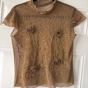 Vintage Japanese Brown Sheer Top with Floral Accents Y2K